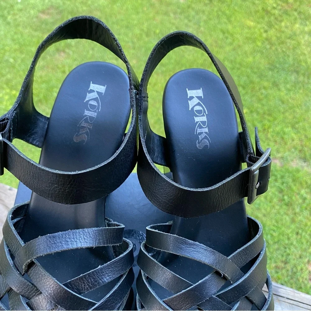 ✅ Korks Wooden Platform Wedge Heels Black Leather Strappy Womens‎ size 10